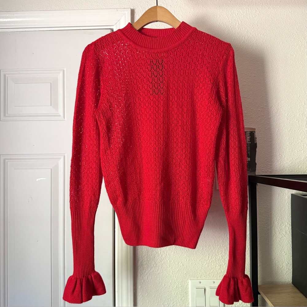 NWT ANDREEVA red wool blend open crochet knit pullover long bell sleeve sweater‎